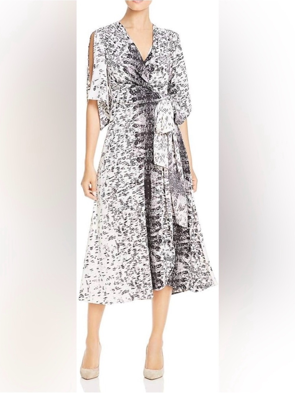 Kenneth Cole Black and White Printed Wrap Midi Dress